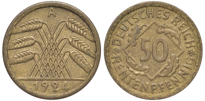 Германия 50 рентенпфеннигов 1924 A J. 310, KM 34 алюминиевая бронза 4513-1034