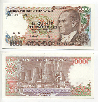 Турция 5000 лир 1990 ПРЕЗИДЕНТ КЕМАЛЬ АТАТЮРК Pick 198 бумага UNC (пресс) 7183-6-3