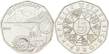 Австрия 5 евро 2003 плотина ГЭС KM 3105 серебро  UNC  1522-1411