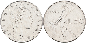 Италия 50 лир 1969 R, бог огня Вулкан у наковальни KM 95.1 нержавеющая сталь 4595-234