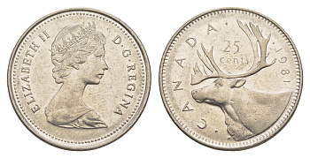 Канада 25 центов 1981 Елизавета II (1952-2022), олень KM 74 никель 4637-831