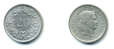 ШВЕЙЦАРИЯ 20 РАППЕНОВ 1971 KM 29а медно-никель 29-454