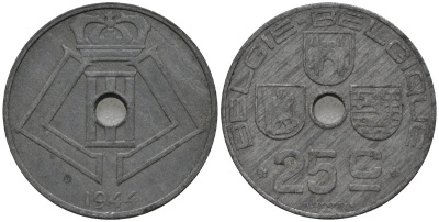 Бельгия 25 сантимов 1944 Belgie-Belgique, Леопольд III (1934-1947) KM 132 цинк 4577-826