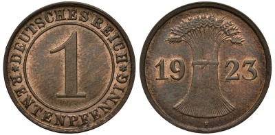 Германия 1 рентенпфенниг 1923 F цена по каталогу МТ 80 евро J 306, KM 30 бронза UNC 413-3224