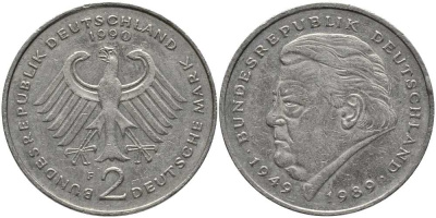 ФРГ 2 МАРКИ 1990 F, ФРАНЦ ЙОЗЕФ ШТРАУС KM 175, J. 450 медно-никель плакированный никелем 109-942