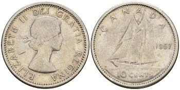 Канада 10 центов 1957 Елизавета II (1952-2022), парусник KM 51 серебро        4147-339