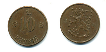 Финляндия 10 пенни 1921 республика (1918-1962) KM 24 медь 46-154