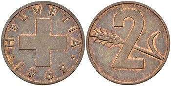 Швейцария 2 раппена 1969 KM 47 бронза 4523-1257