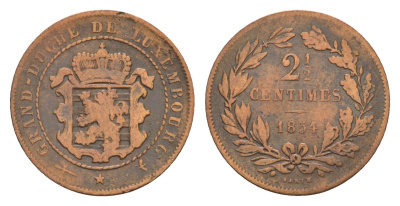 Люксембург 2 1/2 сантима 1854 Barth, Виллем III Нидерландский (1849-1890) KM 21 бронза 4655-463