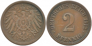 Германия 2 пфеннига 1912 A KM 16, J. 11, Weege 4 медь 110-233