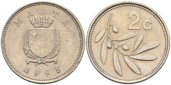 Мальта 2 цента 1998 оливковая ветвь KM 94 медно-никель 218-1219