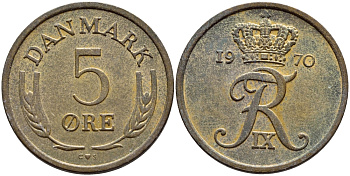 ДАНИЯ 5 ЭРЕ 1970 C; S, ФРЕДЕРИК IX (1947-1972) KM 848.1 бронза 51-1741
