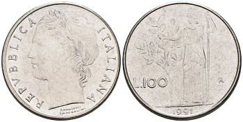 Италия 100 лир 1991 R, Афина в доспехах KM 96.2 нержавеющая сталь 4549-826