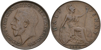 Великобритания 1/2 пенни 1924 Георг V (1910-1936) KM 809, Spink 4056 бронза 4153-756