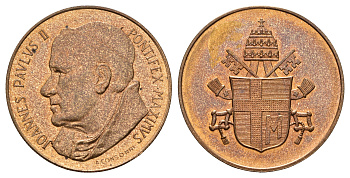 Ватикан медаль в честь избрание папой римским Иоанна Павла II ND (1978) Папский герб, диаметр 34 мм, вес 14M7 гр бронза 4667-1242