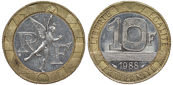 Франция 10 франков 1988 тип гений Бастилии KM 964.1, Le Franc 375.2 биметалл 45-1021