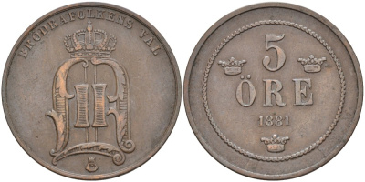 Швеция 5 эре 1881 Оскар II (1872-1907) король Швеции и Норвегии KM 736 бронза 4557-444