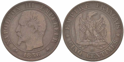 Франция 5 сантимов 1856 BB, Наполеон III (1852-1870) KM 777.3, LE FRANC 116.32 бронза 108-425