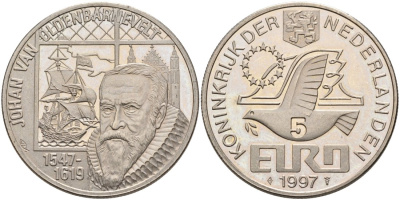 Нидерланды 5 евро экю 1997 ЙОХАН ВАН ОЛДЕНБАРНЕВЕЛЬТ (1547-1619) медно-никель 4565-531