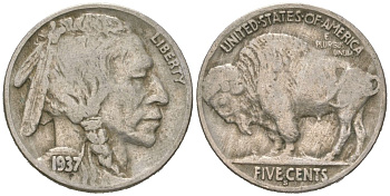 США 5 центов 1937 S, индеец, бизон KM 134 медно-никель 4608-921