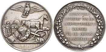 Германия медаль ND почетная награда выданная сельскохозяйственной палатой для земли Бранденбург, диаметр 43 мм., вес 31 гр. серебро 1084-2-11