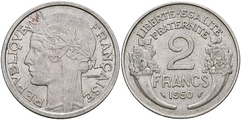 Франция 2 франка 1950 KM 886a, Le Franc 269.10 алюминий 51-4325