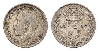 Великобритания 3 пенса 1917 Георг V (1910-1936) KM 813, Spink 4015 серебро 4644-218