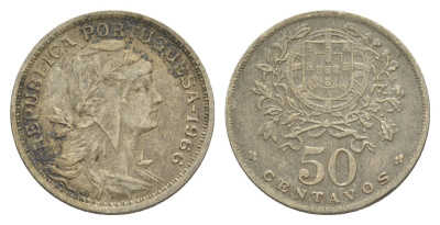 Португалия 50 сентаво 1966 голова Свободы вправо KM 577 никель латунь 4388-254