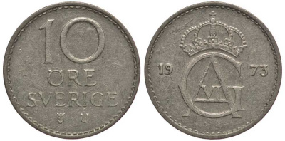 Швеция 10 эре 1973 U, Густав VI Адольф (1950-1973) KM 835 медно-никель 112-915