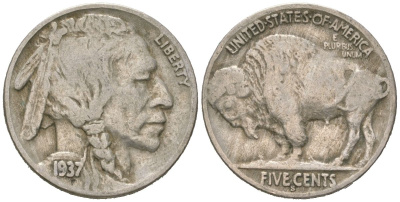 США 5 центов 1937 S, индеец, бизон KM 134 медно-никель 4608-921