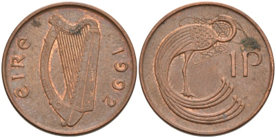 Ирландия 1 пенни 1992 птичка KM 20а сталь плакированная медью 92-211