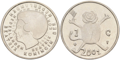 Нидерланды 1 гульден 2001 прощай гульден, детский рисунок, лев с флагом в руках KM 223 никель 4175-254