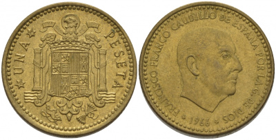 Испания 1 песета 1966 (74) Франсиско Франко (1939-1975) KM 796 алюминиевая бронза 3457-717