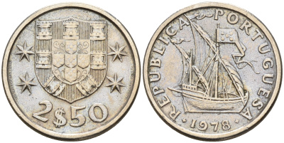 Португалия 2,5 эскудо 1978 парусник KM 590 медно-никель  UNC  4160-1219