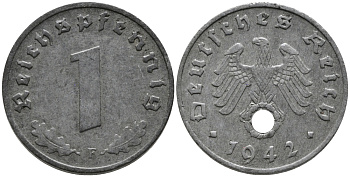 ГЕРМАНИЯ 1 РЕЙХСПФЕННИГ 1942 F KM 97, J.369 цинк 96-739