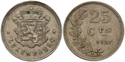 Люксембург 25 сантимов 1927 Шарлотта (1918-1964) KM 37 медно-никель 4122-522