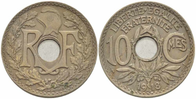 Франция 10 сантимов 1918 тип Линдайё KM 866a, Le Franc 138.3 медно-никель 108-123