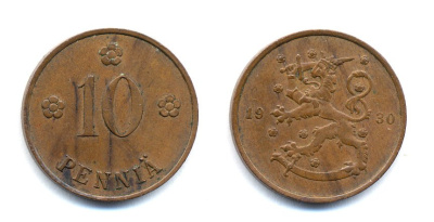 Финляндия 10 пенни 1930 республика (1918-1962) KM 24 медь 51-5323