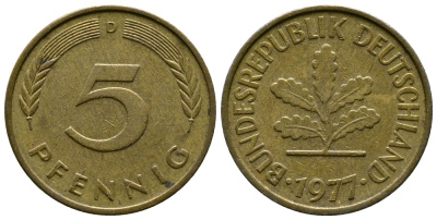 ФРГ 5 ПФЕННИГОВ 1977 D KM 107, J.382 сталь плакированная латунью 179-1039