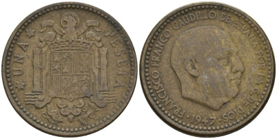 Испания 1 песета 1947 (54) Франсиско Франко (1939-1975) KM 775 алюминиевая бронза 4448-1016