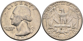 США 25 центов (квотер) 1971 D, Вашингтон KM 164a медь плакированная медно-никелем 4584-957