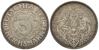 Германия 3 марки 1927 A, 1000 летие основания Нордхаузена J. 327, KM 52 серебро aUNC 00-816-16
