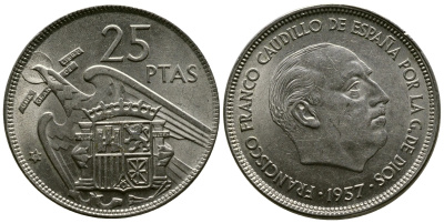 ИСПАНИЯ 25 ПЕСЕТ 1957 (67) ФРАНСИСКО ФРАНКО ДИКТАТОР ИСПАНИИ (1939-1975) KM 787 медно-никель 3334-217