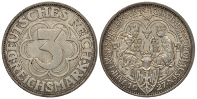 Германия 3 марки 1927 A, 1000 летие основания Нордхаузена J. 327, KM 52 серебро aUNC 00-816-16