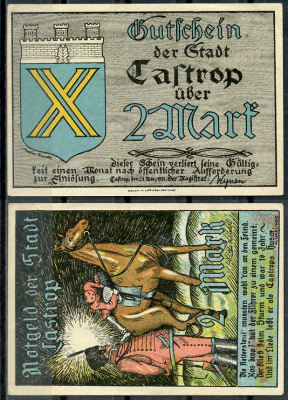 Германия, Кастроп 2 марки 1921 нотгельд, 24.3.1921 Li. 215-2, M. 223.1  бумага  UNC (пресс) 444-87-3-2