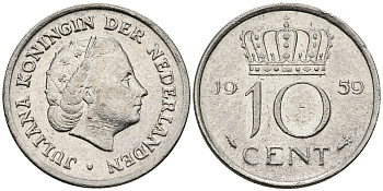 НИДЕРЛАНДЫ 10 ЦЕНТОВ 1959 ЮЛИАНА KM 182 никель 96-423