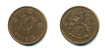 Финляндия 10 пенни 1924 республика (1918-1962) KM 24 медь 46-2635