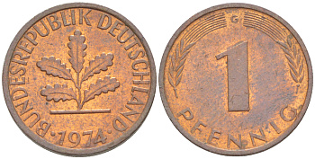ФРГ 1 ПФЕННИГ 1974 G KM 105, J. 380 сталь плакированная медью 4181-613