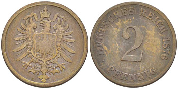 ГЕРМАНИЯ 2 ПФЕННИГА 1876 G, СТАРОГЕРБОВКА KM 2, J. 2, Weege 3 медь 212-636
