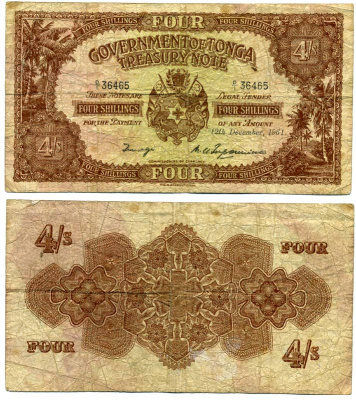 Тонга 4 шиллинга 1961 12 декабря 1961, королева Салоте Тупоу III (1900-1965) Pick 9d бумага 00-00